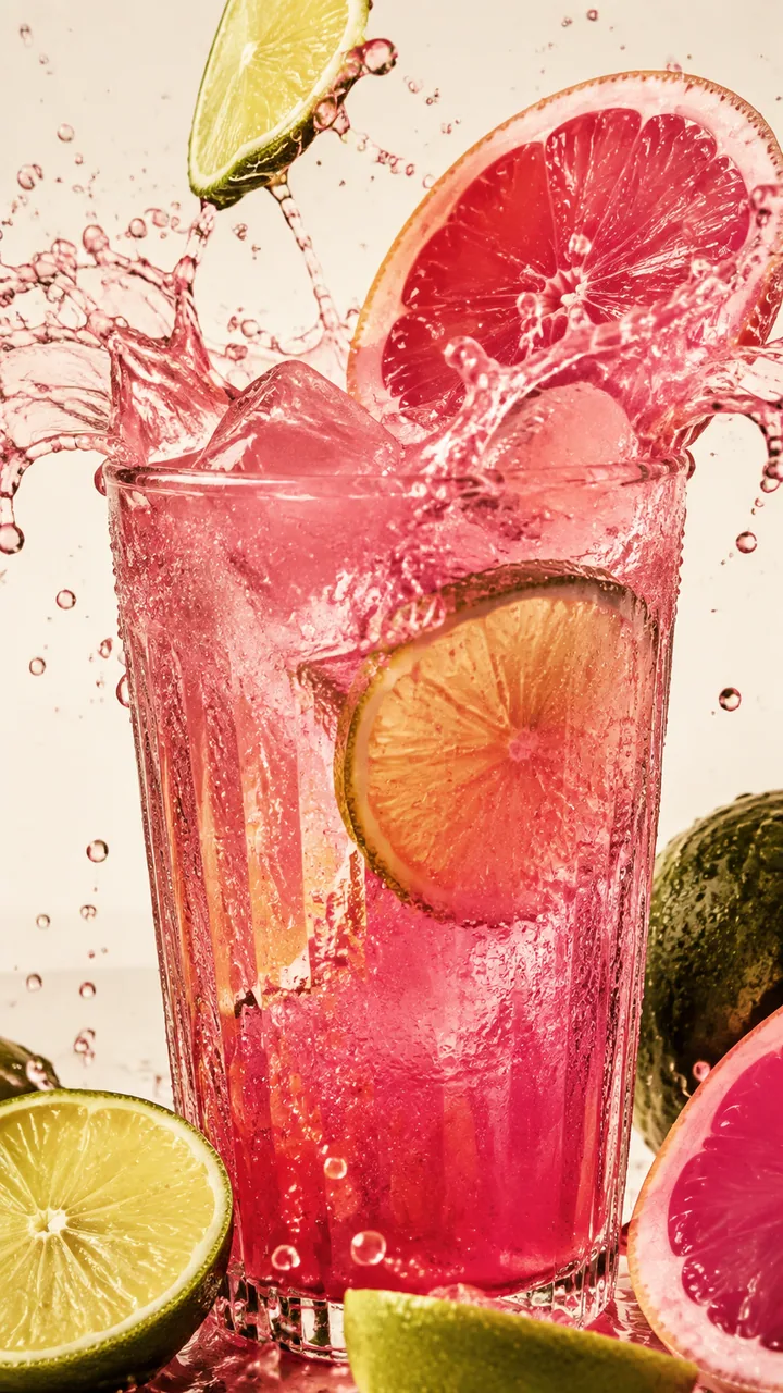 Vista previa conceptual de una bebida cítrica rosa en movimiento para contenido de alimentos y bebidas