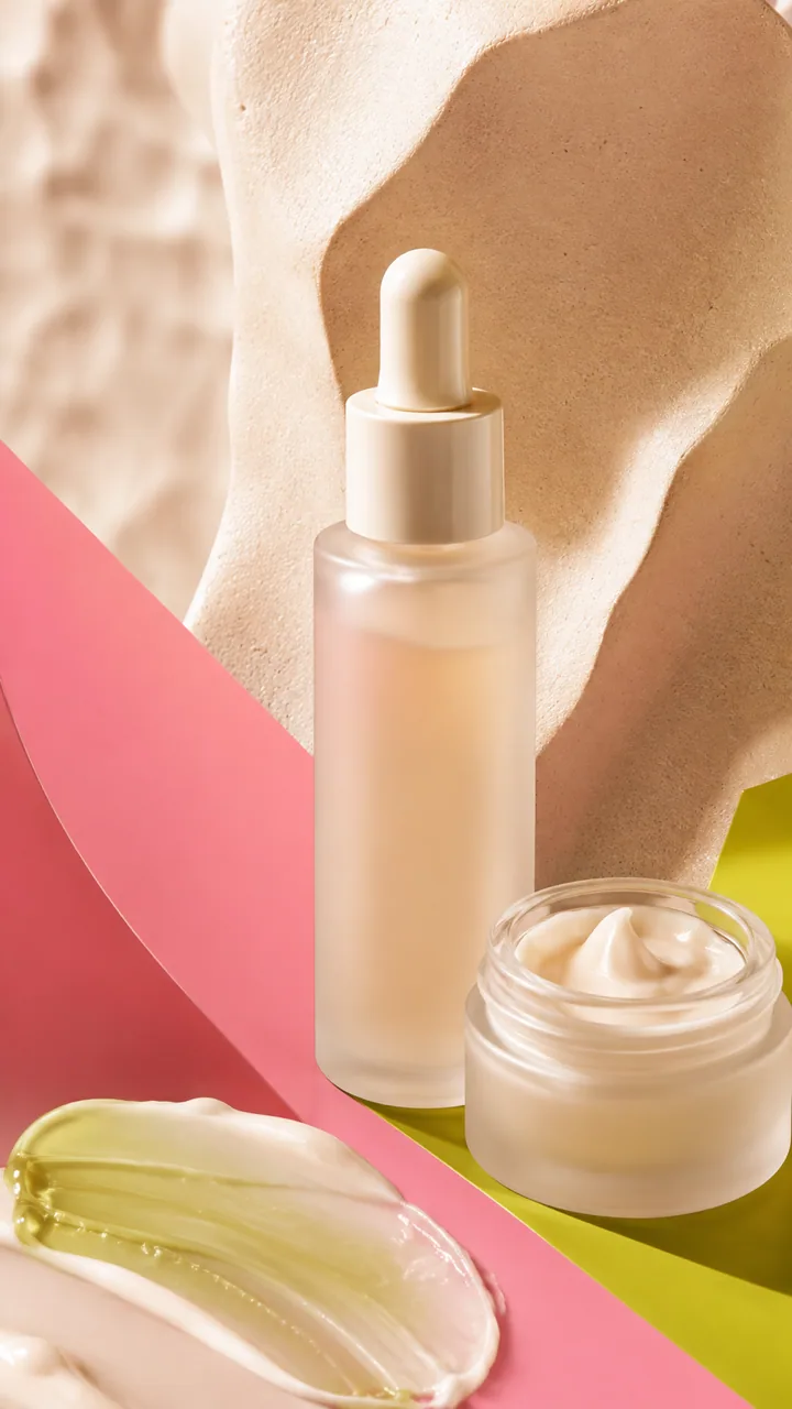 Vista previa conceptual de un set de serum y crema con dirección de arte rosa y verde para contenido de belleza
